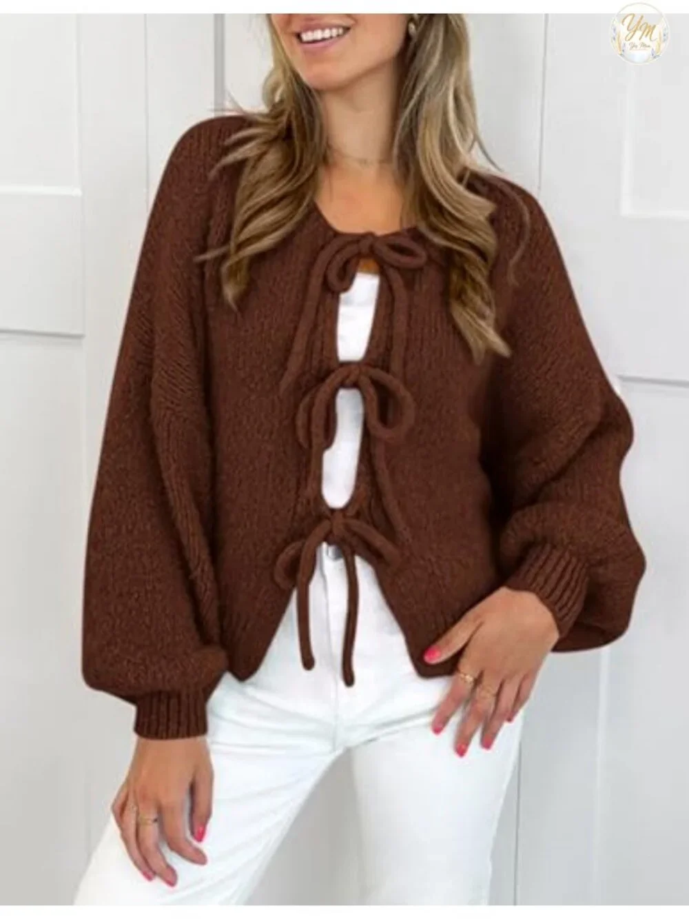 Women's Tie Front Bow Cardigan, Puff Sleeve Cable Knit Open Front Sweater